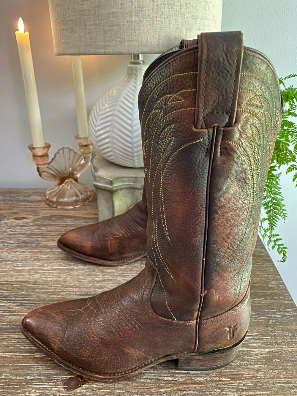 Vtg FRYE Billy Pull-On Deco Stitch Leather Western Cowboy Boots Women 7.5B Brown - Picture 4 of 15